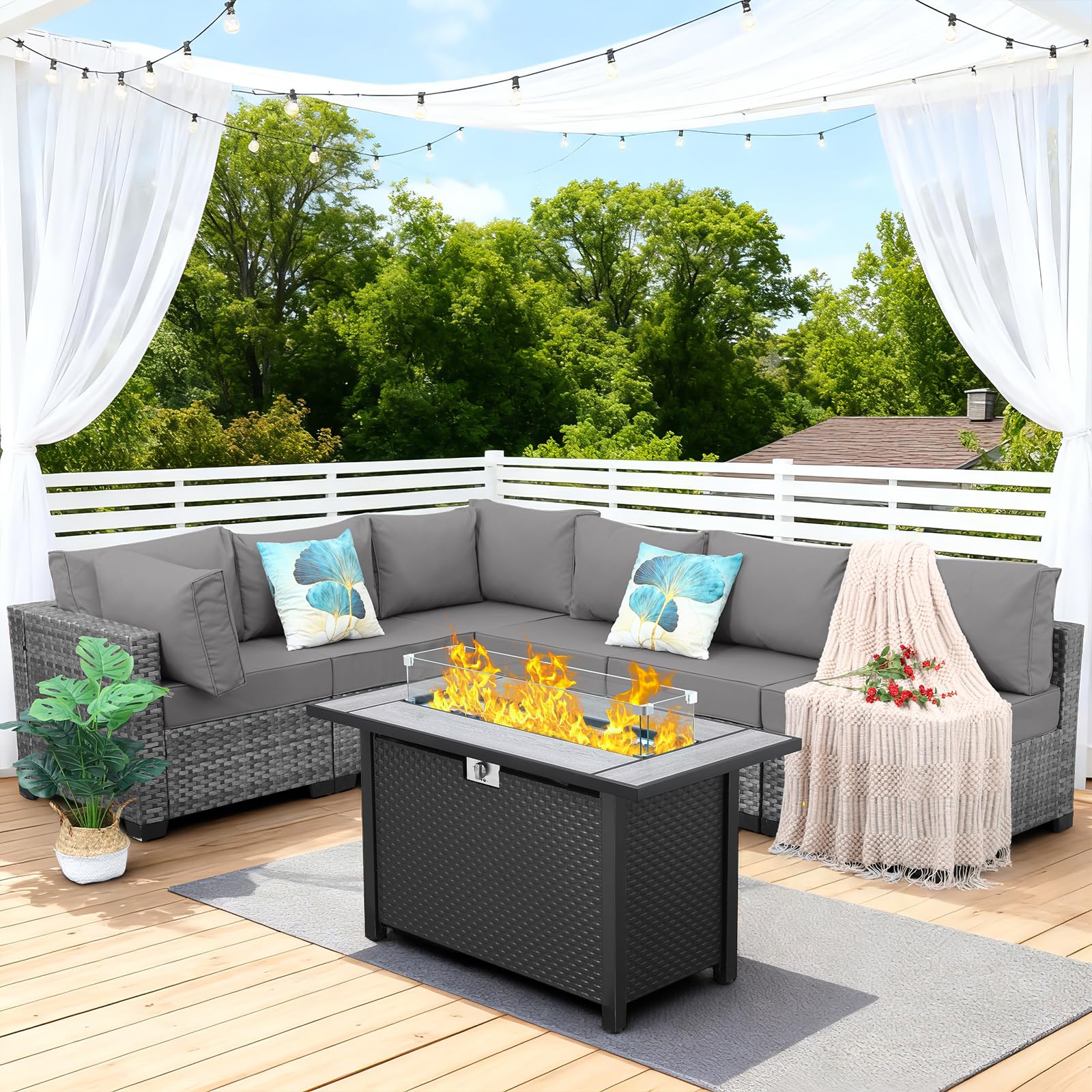 7-Piece Wicker Patio Sectional with Fire Pit