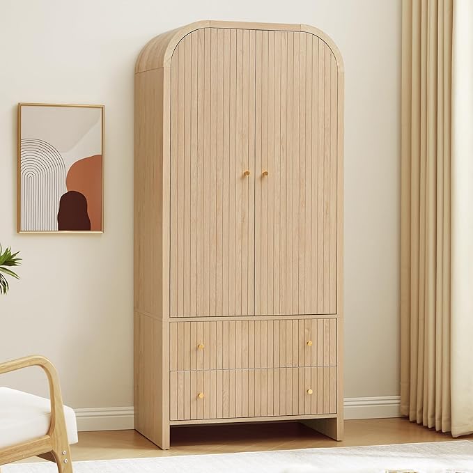 Arched Armoire Wardrobe Closet with Hanging Rod and 2 Drawers