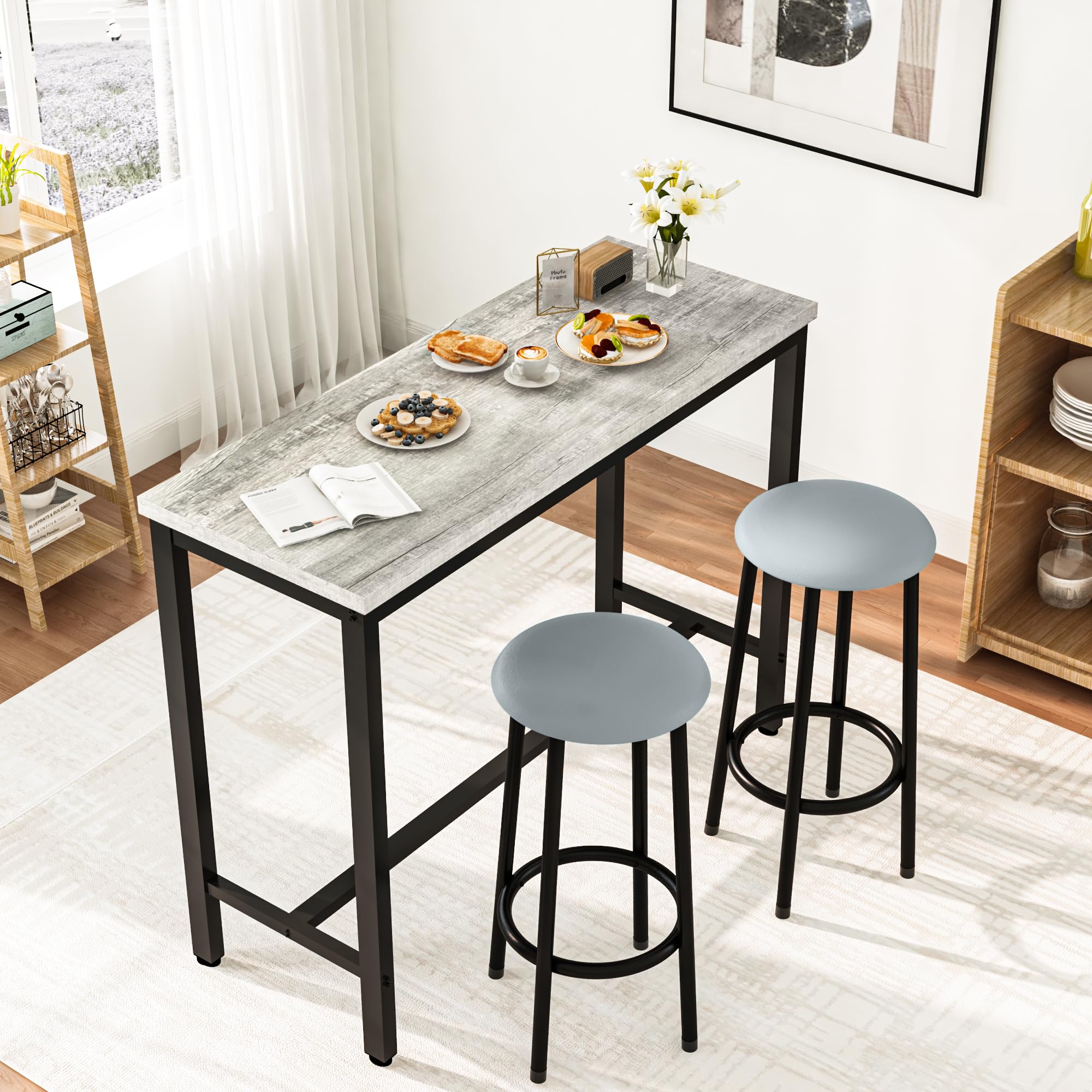 3-Piece Faux Marble Bar Table Set with Upholstered Stools