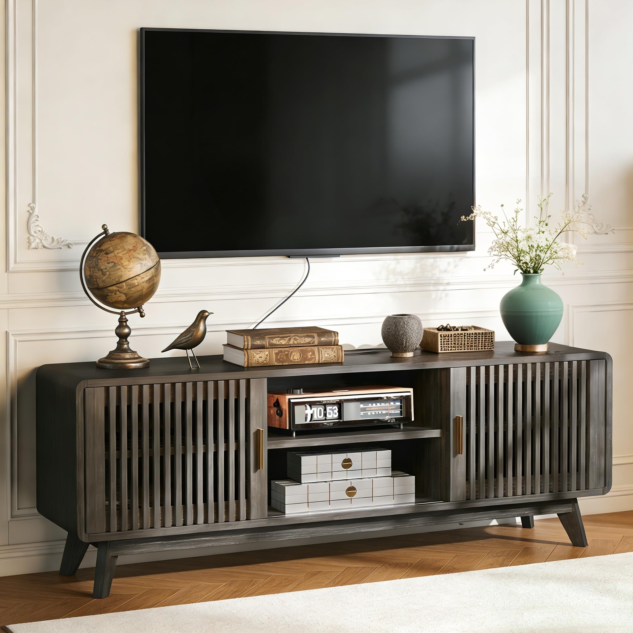 63" TV Stand with Sliding Doors and Charging Station