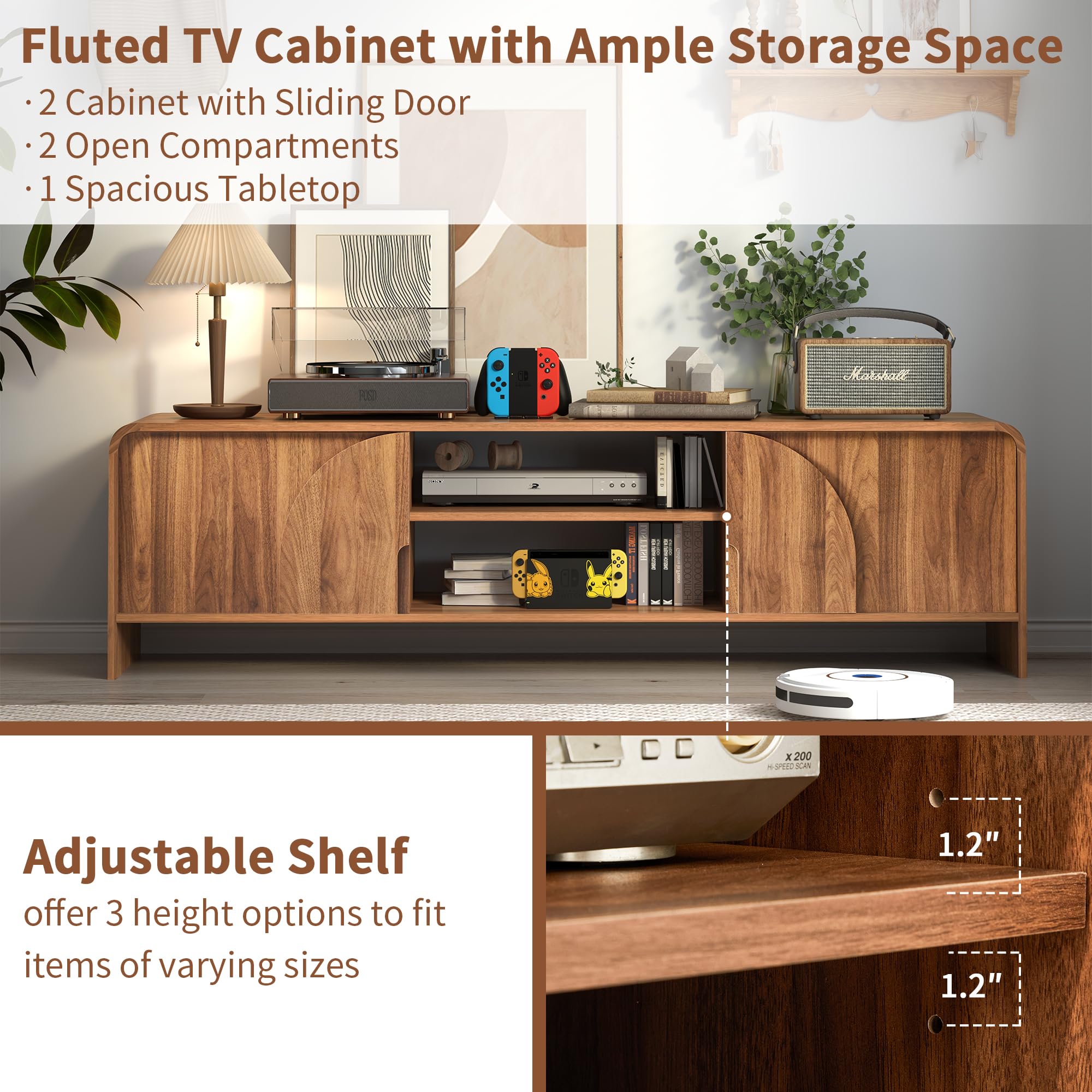 63-Inch TV Stand with Sliding Door and Arched Handles