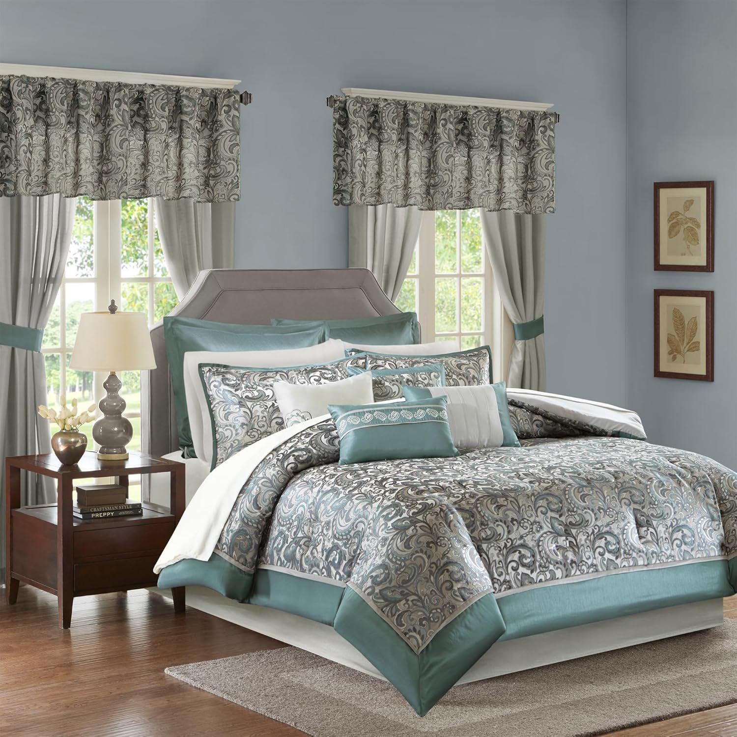 Faux Silk Jacquard Paisley Comforter Set Queen 24 Piece