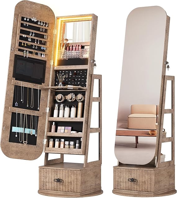 360° Swivel Jewelry Organizer with Full Length Mirror and Lights