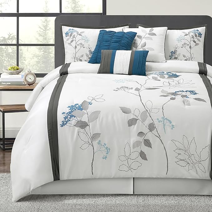 7-Piece Queen Comforter Set with Floral Embroidery