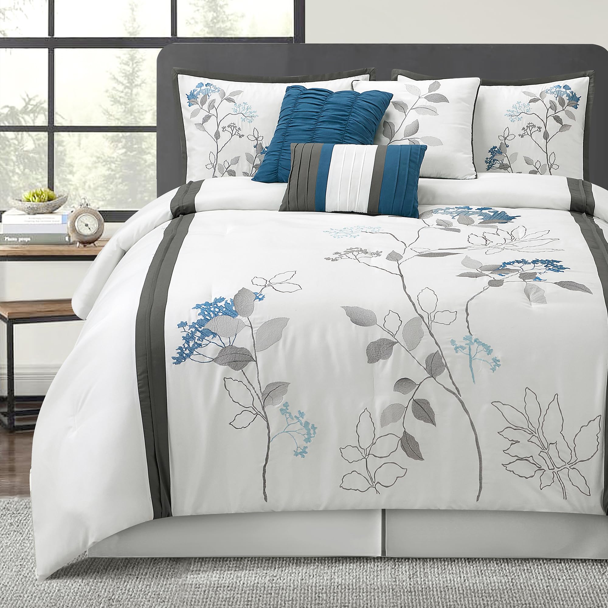 7-Piece California King Comforter Set with Floral Embroidery