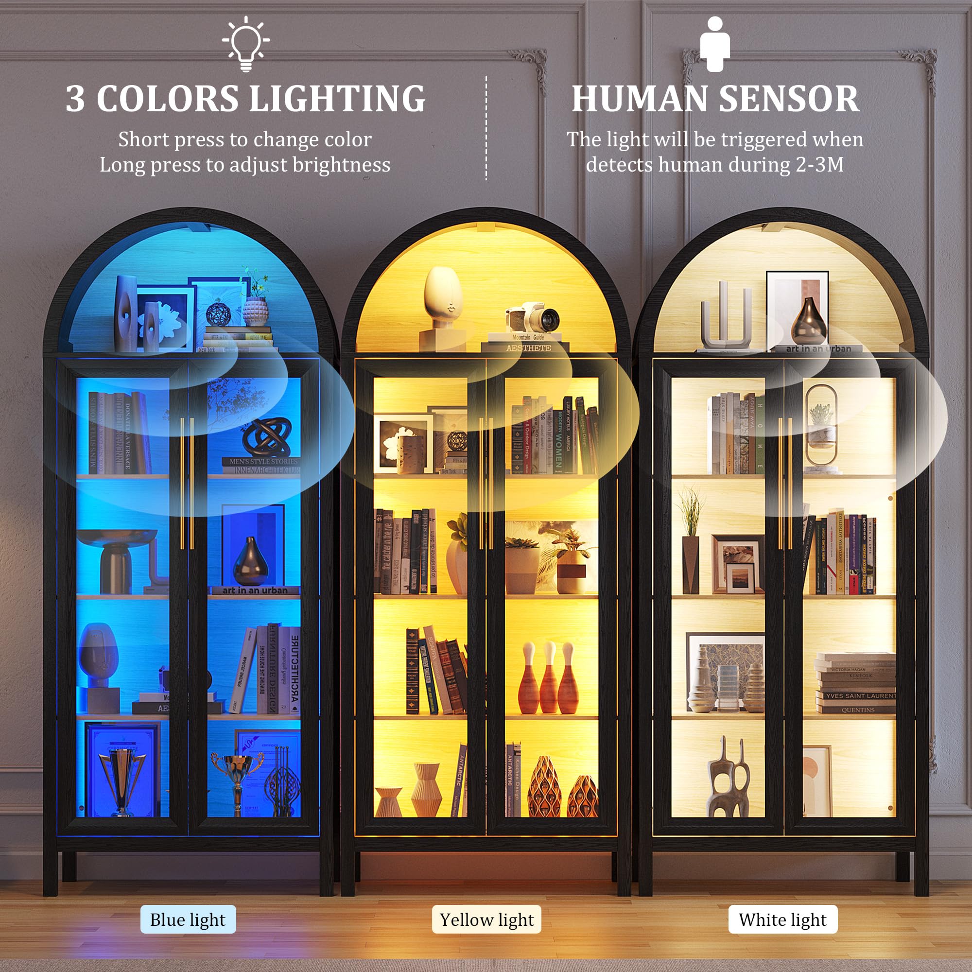 Display Curio Cabinet with Glass Doors - 5-Tier Arched Bookcase with LED Lights