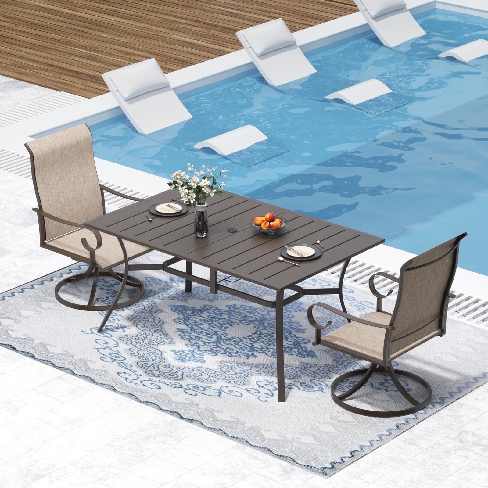 Outdoor Metal Rectangle Patio Dining Table with Umbrella Hole