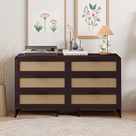 6 Drawer Rattan Dresser with Rounded Edges