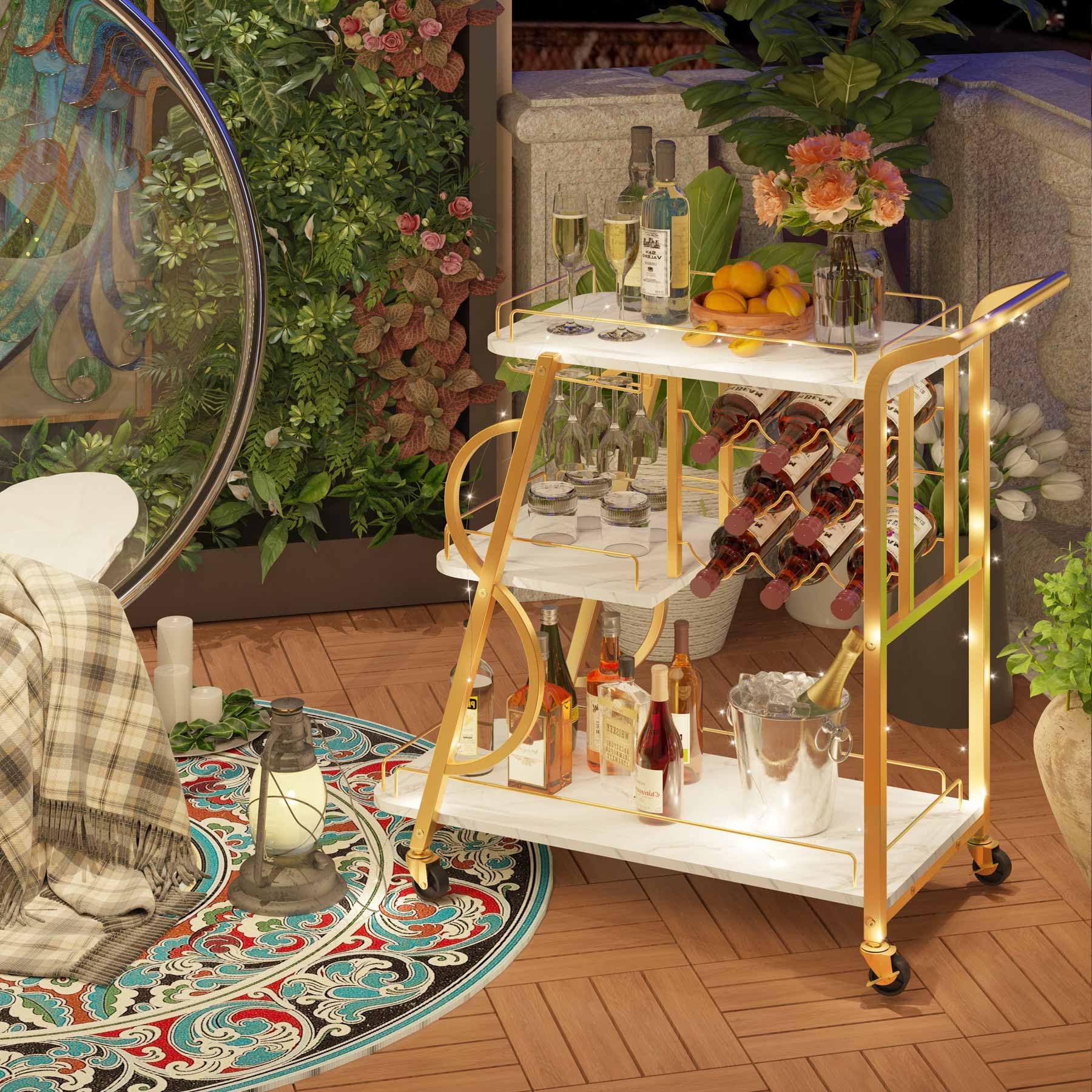 3-Tier Gold Bar Cart with Wine Glass Holder