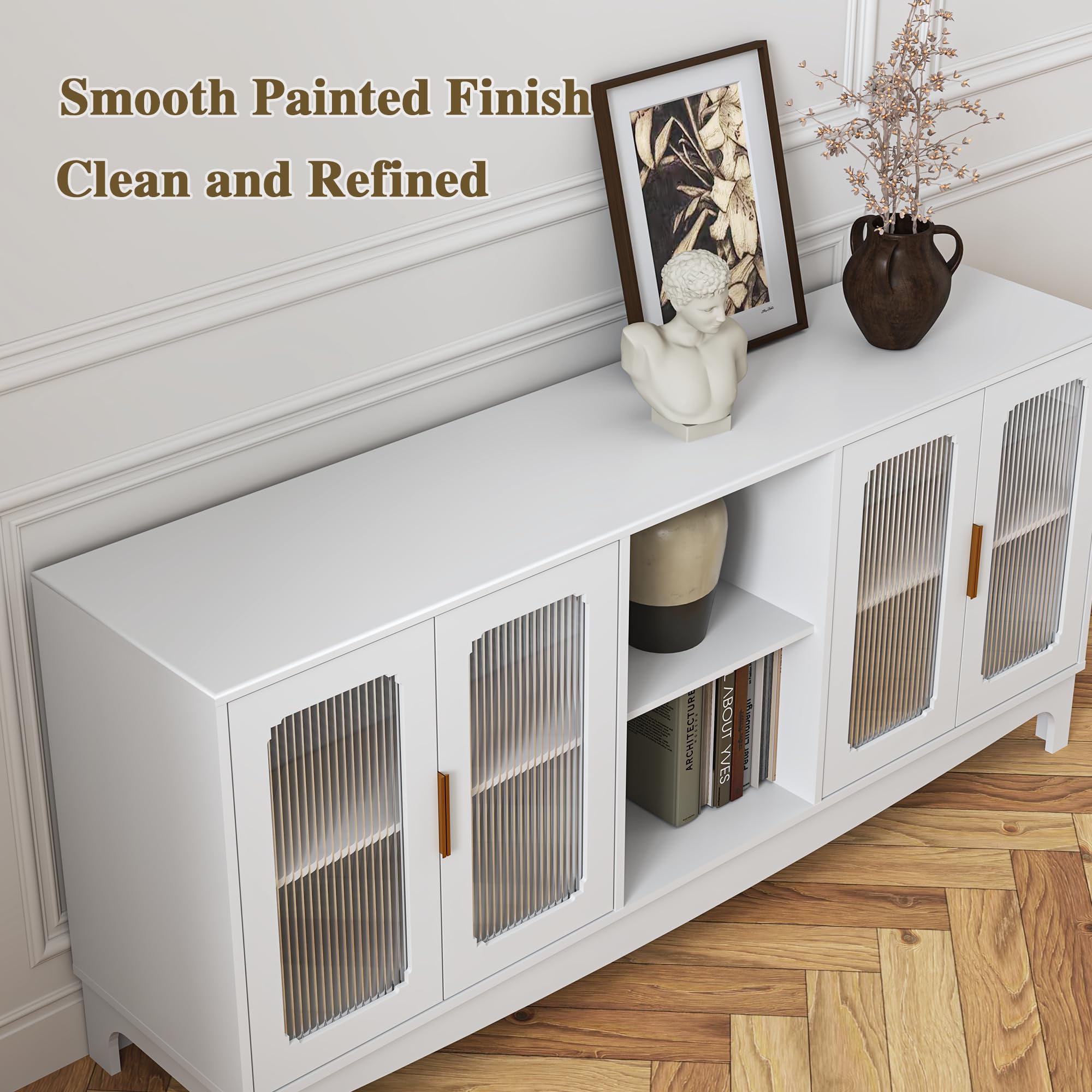 65 Inch White TV Stand with Glass Door Storage Cabinet