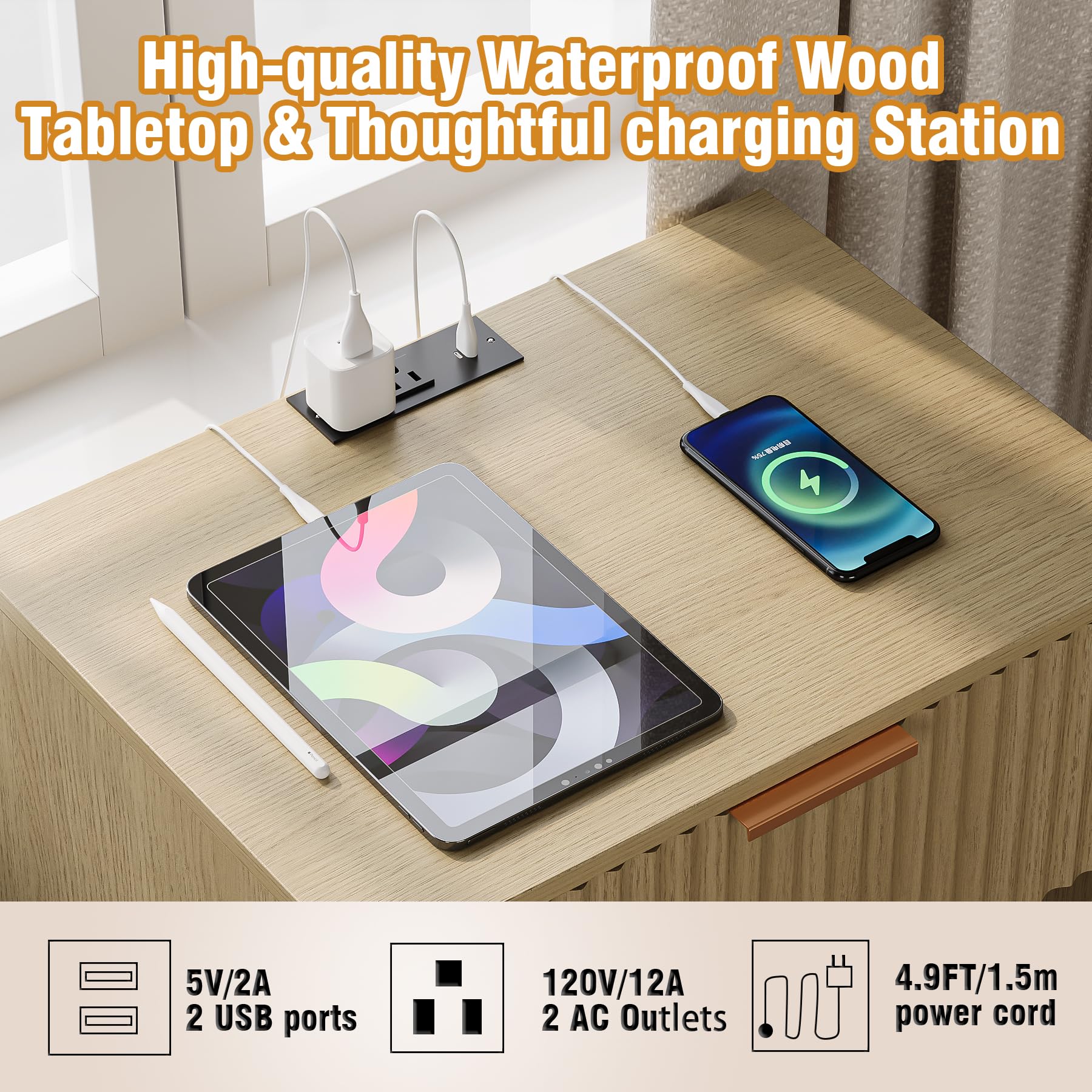 Trironsun Fluted Nightstand with Charging Station Modern Bedside Table with Drawer and Open Shelf Mid Century End Table with Storage for Bedroom Living Room Sofa Office