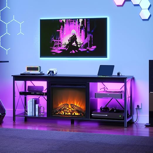 Fireplace TV Stand with Charging Station and LED Lights