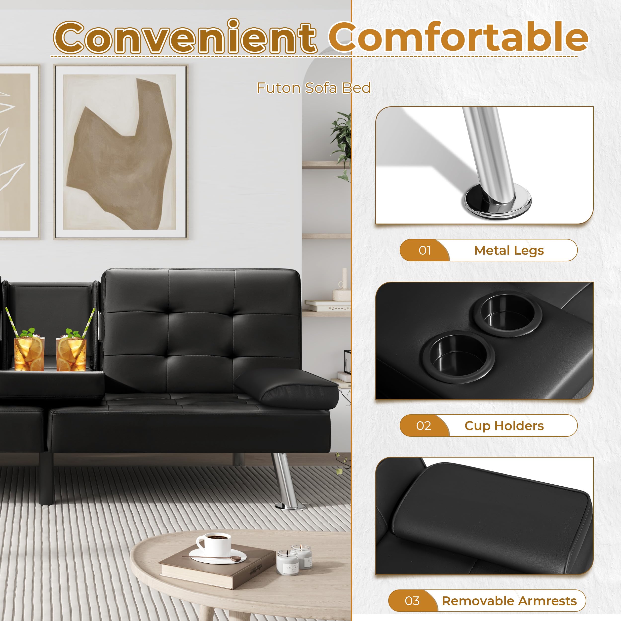 Convertible Futon Sofa Bed with Cup Holders - Faux Leather Recliner Couch