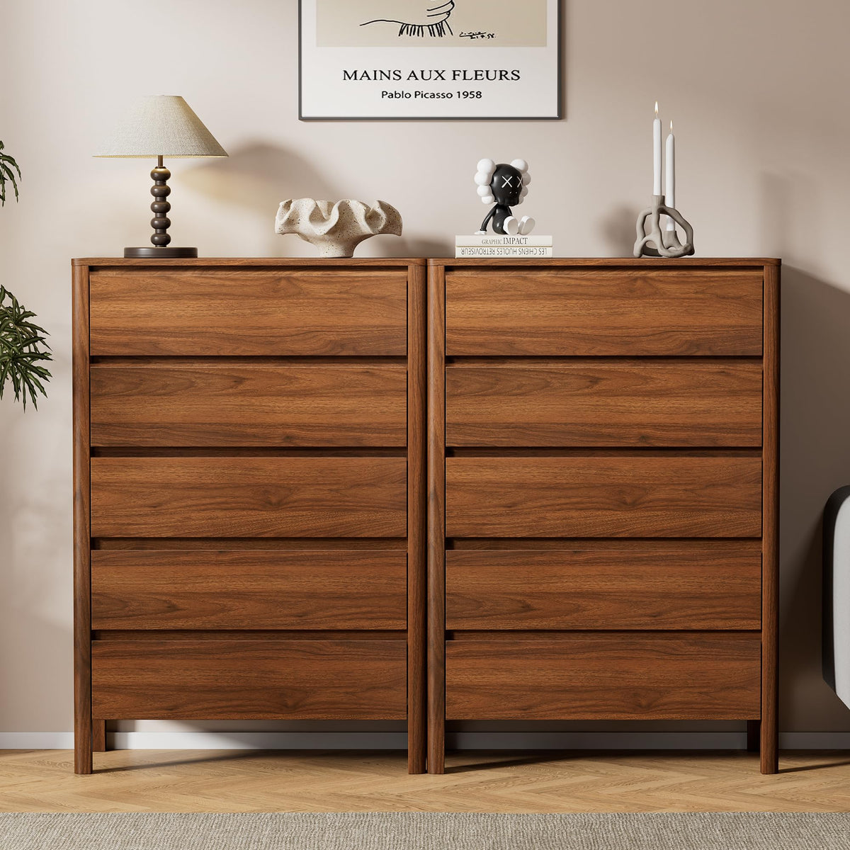5-Drawer Tall Wood Dresser with Legs – Mid-Century Modern Walnut Chest of Drawers, 45.6"
