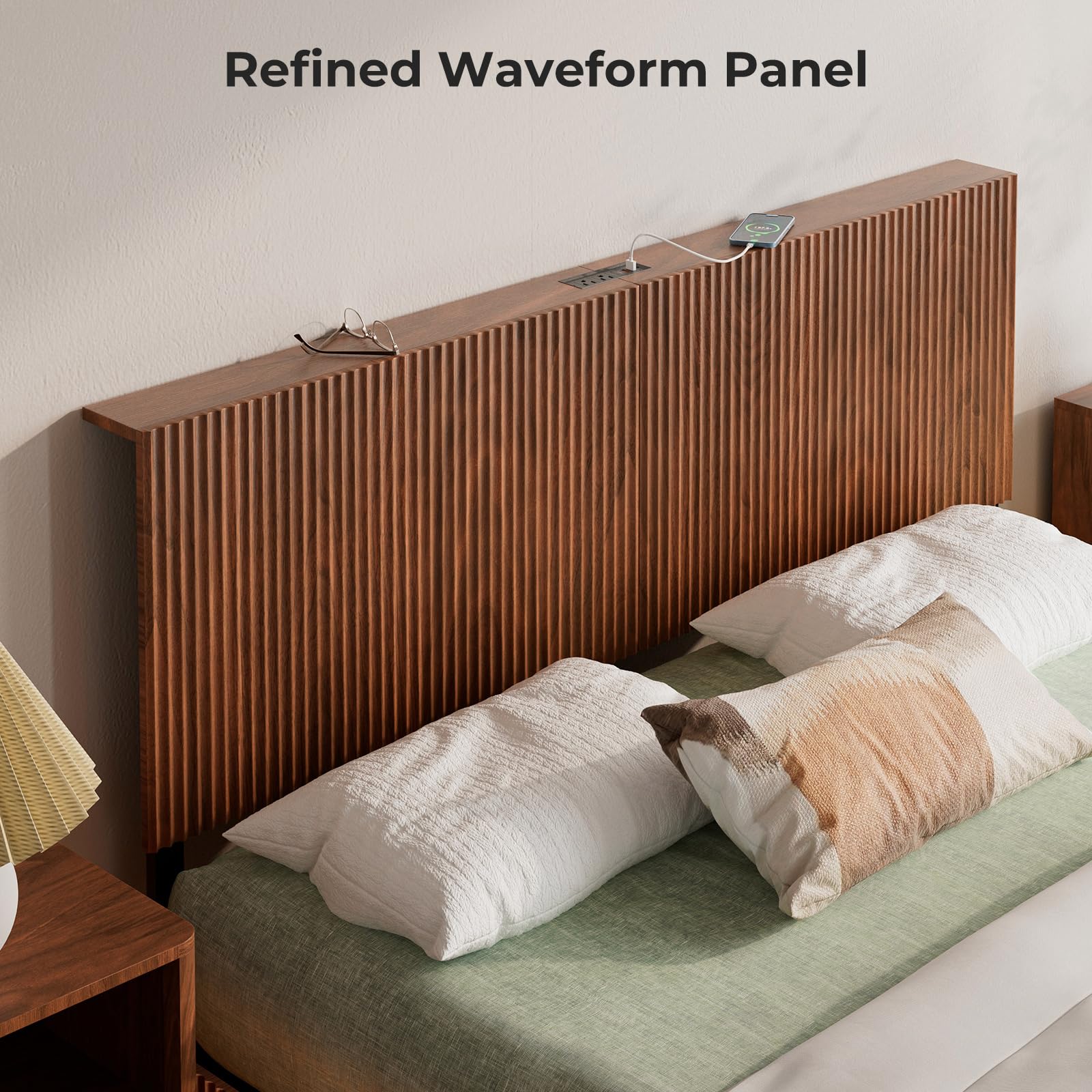 Walnut Queen Floating Bed Frame with LED Lights