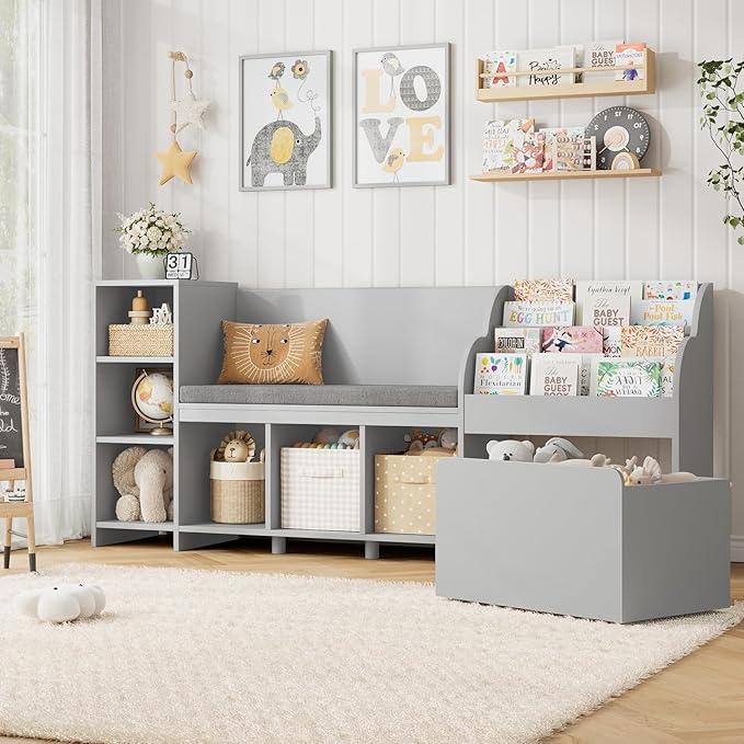 Kids Reading Nook with Storage Bench and Bookshelf