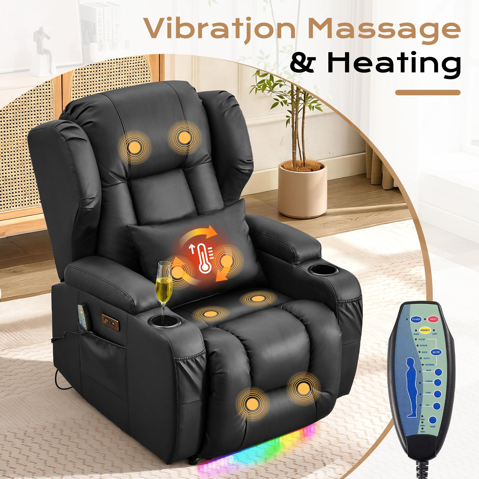 URRED Recliner Chair for Adults, Power Reclining Sofa Chair Home Theater Seating with Vibration Massage and Heat, LED Ambient Light, USB Ports, Cup Holders, Side Pockets (Black)