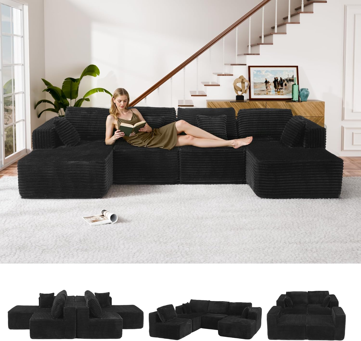 U-Shaped Modular Sectional Sofa with Chaise - Blue Corduroy