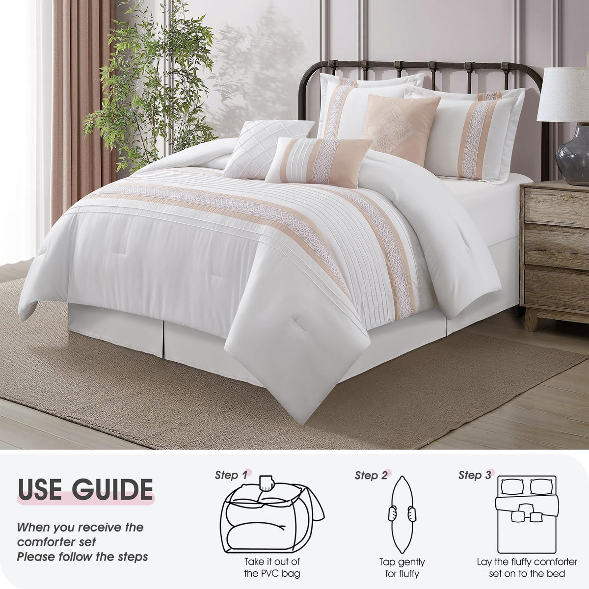7 Piece Comforter Set - Pink White King Size Boho Geometric
