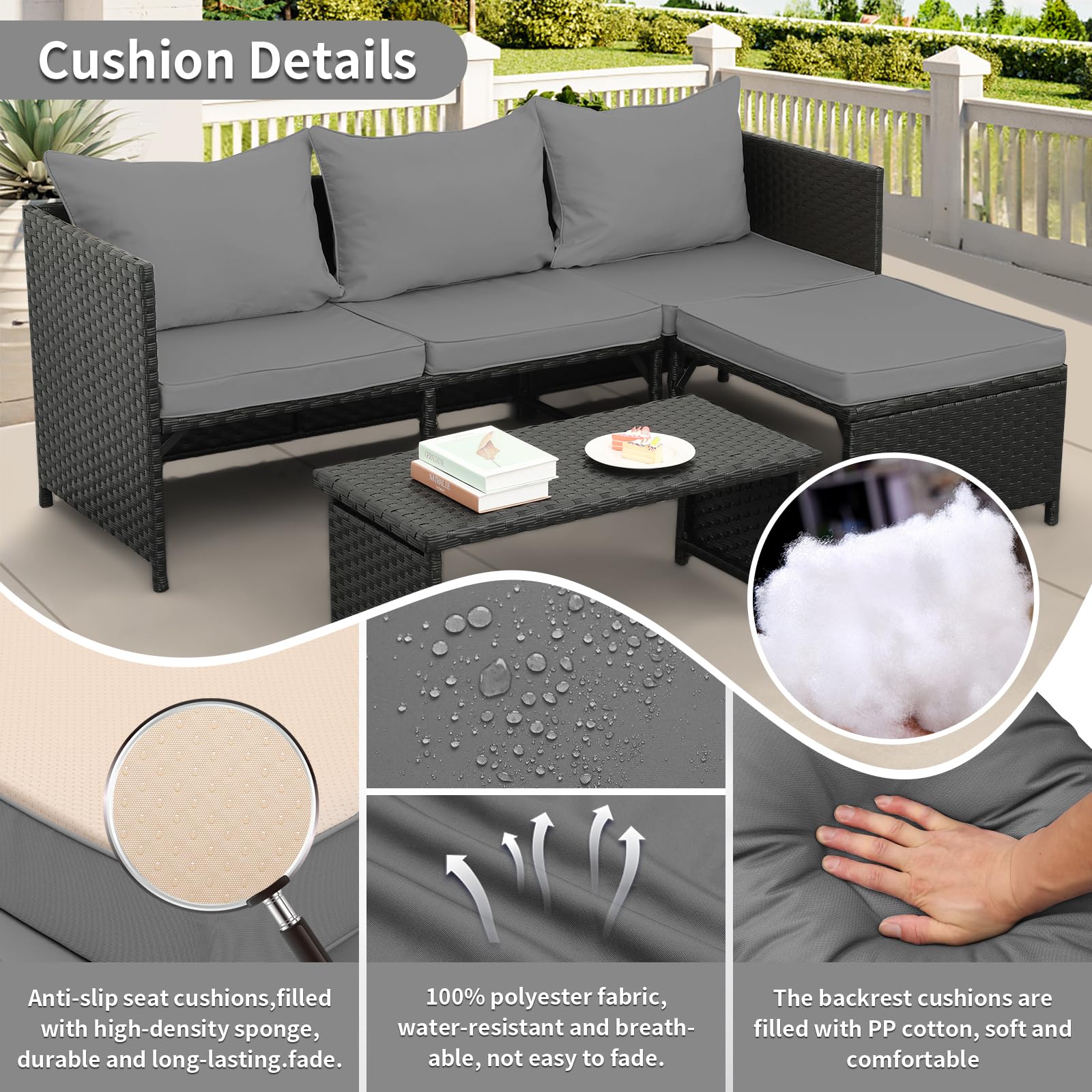 3-Piece Outdoor Rattan Conversation Set with Gray Cushions