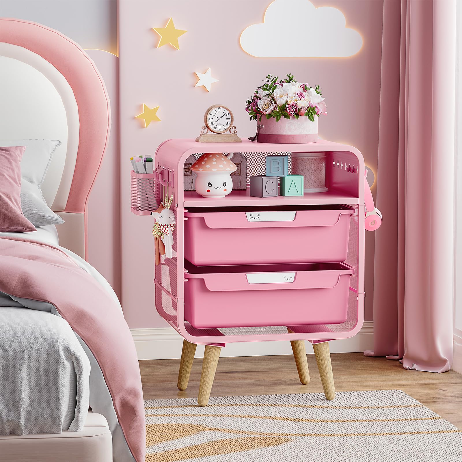 Pink Kids Nightstand with Storage Drawers