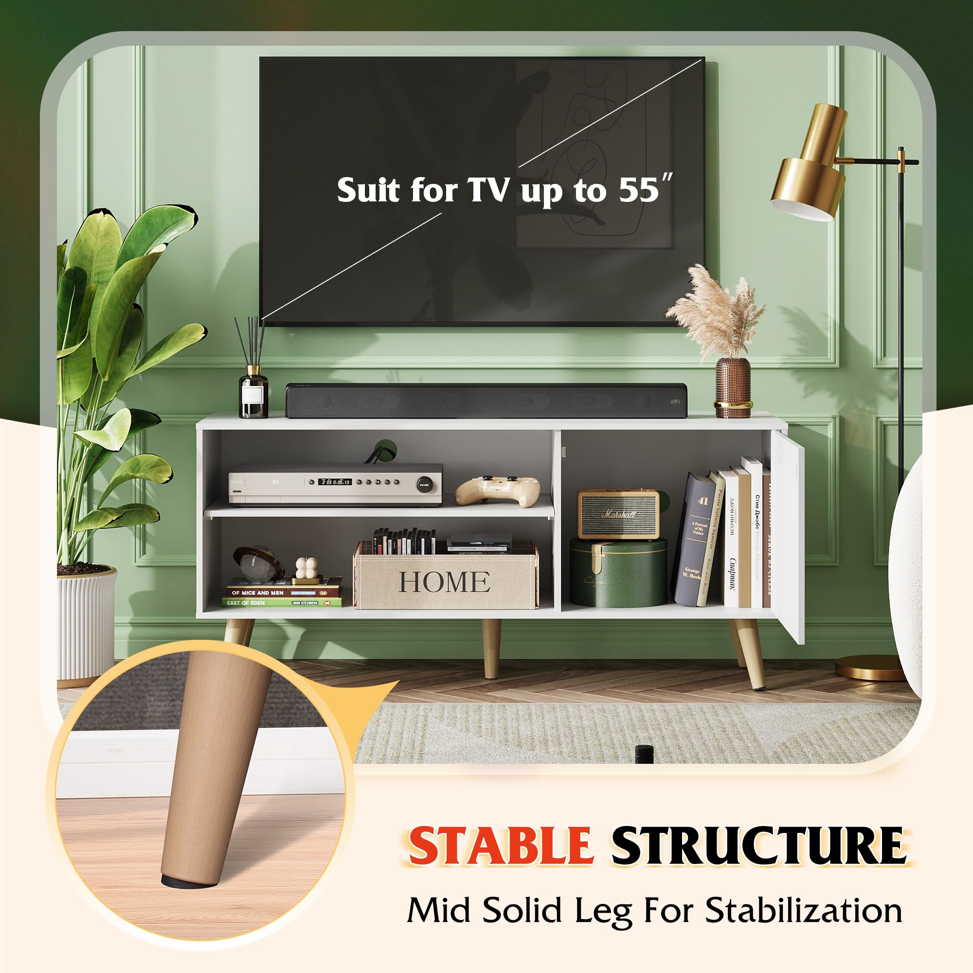Mid-Century TV Stand with Storage Cabinet White 47 Inch