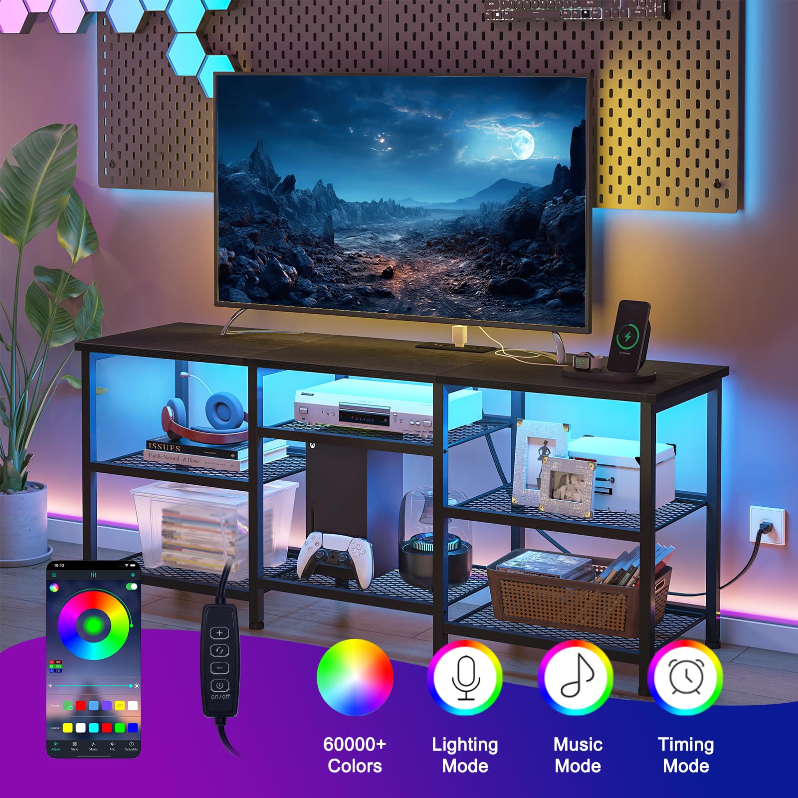 TV Stand with Charging Station and LED Lights