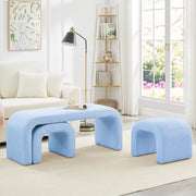Sudwesto 3-Piece Modern Ottoman Bench Set, 44" Wide Teddy Upholstered End of Bed Bench with 2 Foot Stools, Padded U-Shaped Entry Bench Vanity Stool for Living Room Bedroom (Light Blue)