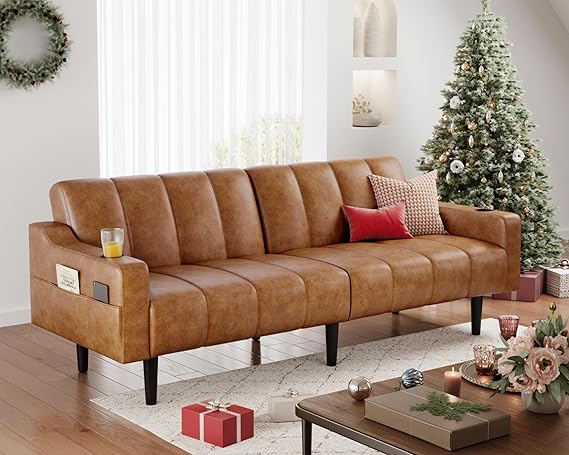 80 Inch Faux Leather Futon Sofa Bed with Adjustable Backrest