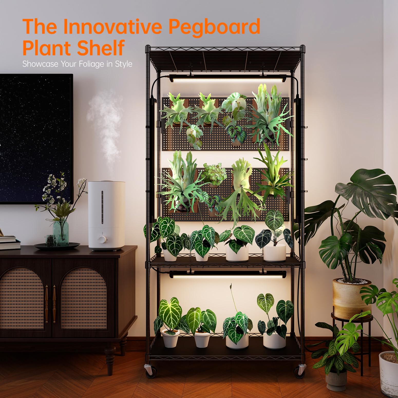 3-Tier Plant Shelf with Grow Lights and Pegboard