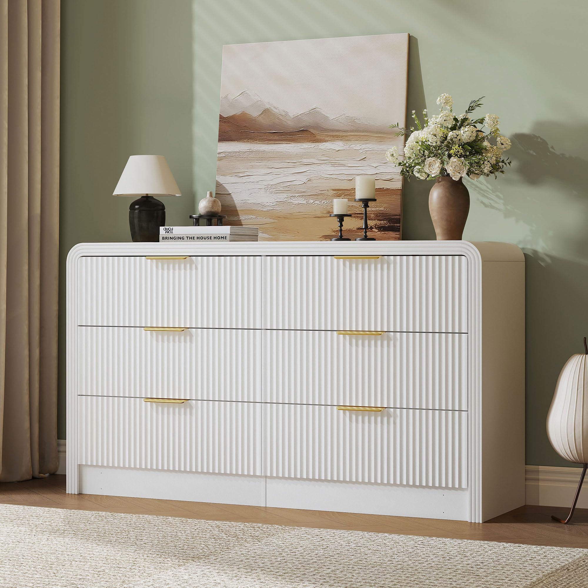 6-Drawer Fluted Dresser with Gold Handles - 55 Inch