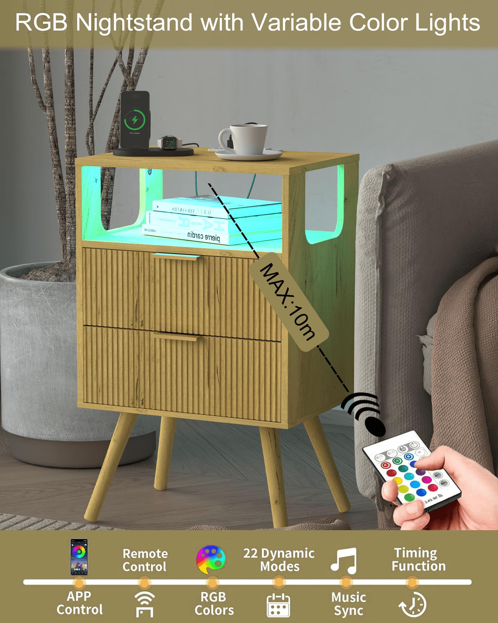 JOONEE Nightstand with Charging Station and LED Lights,Modern Bedside Table with 2 Storage Drawer and Open Wood Shelf, for Bedroom and Small Spaces,Night Stand with Solid Wood Legs (Yellow Oak)