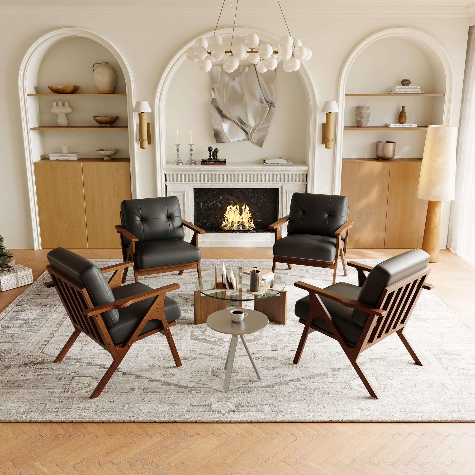 Black Leather Office Accent Chair Set of 2 with Wooden Arms