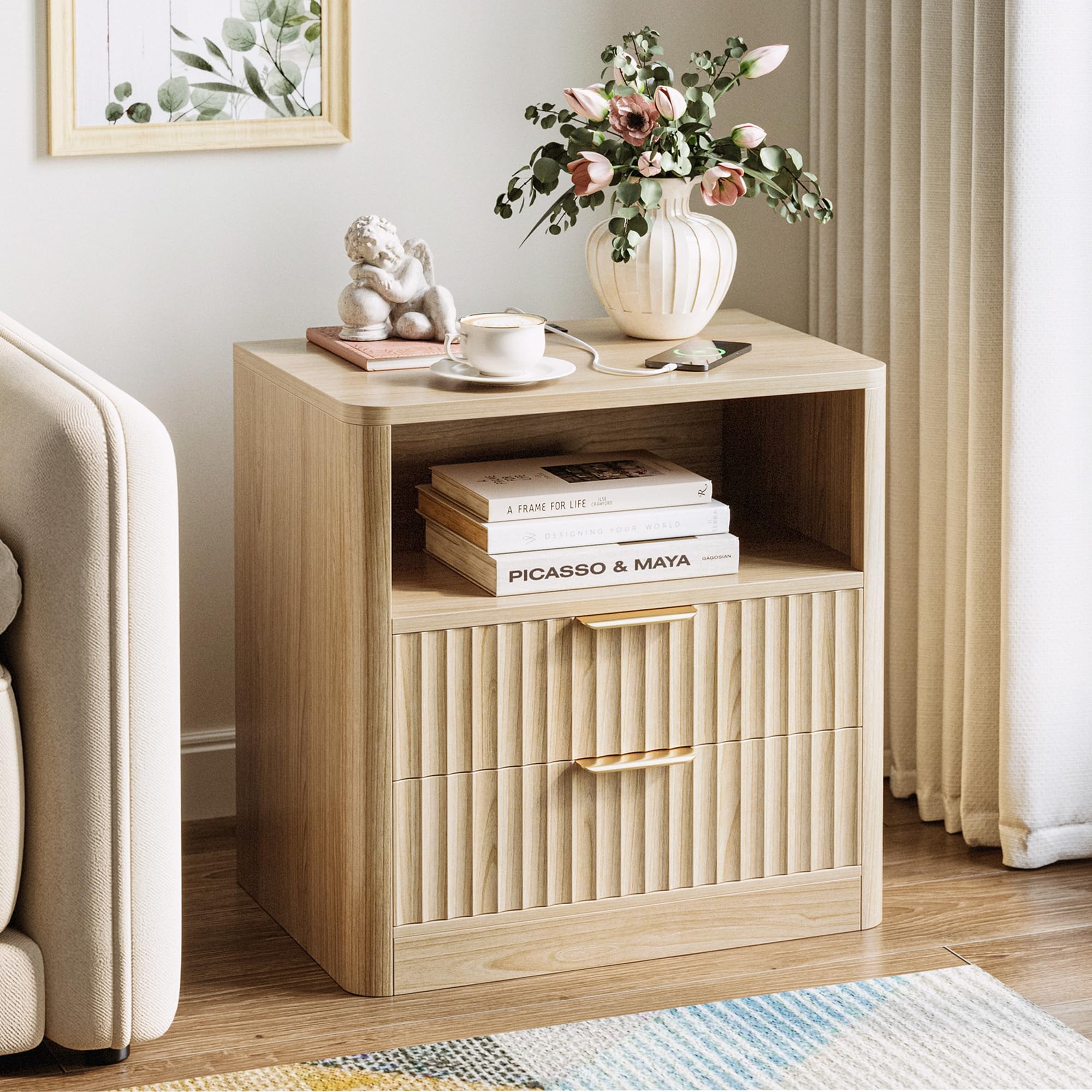 Fluted Nightstand Set with Charging Station