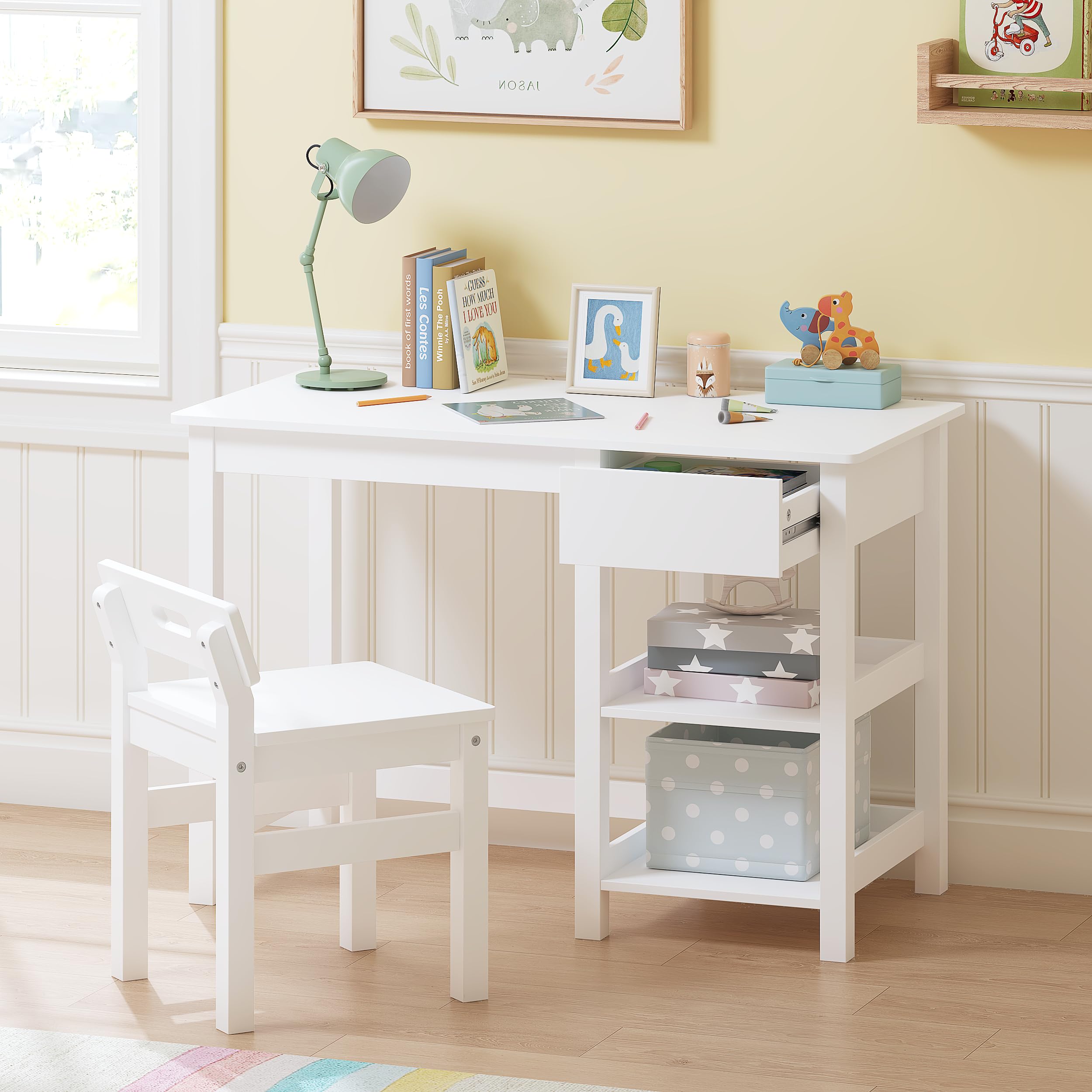 Kids Study Desk and Chair Set with Drawer and Shelves