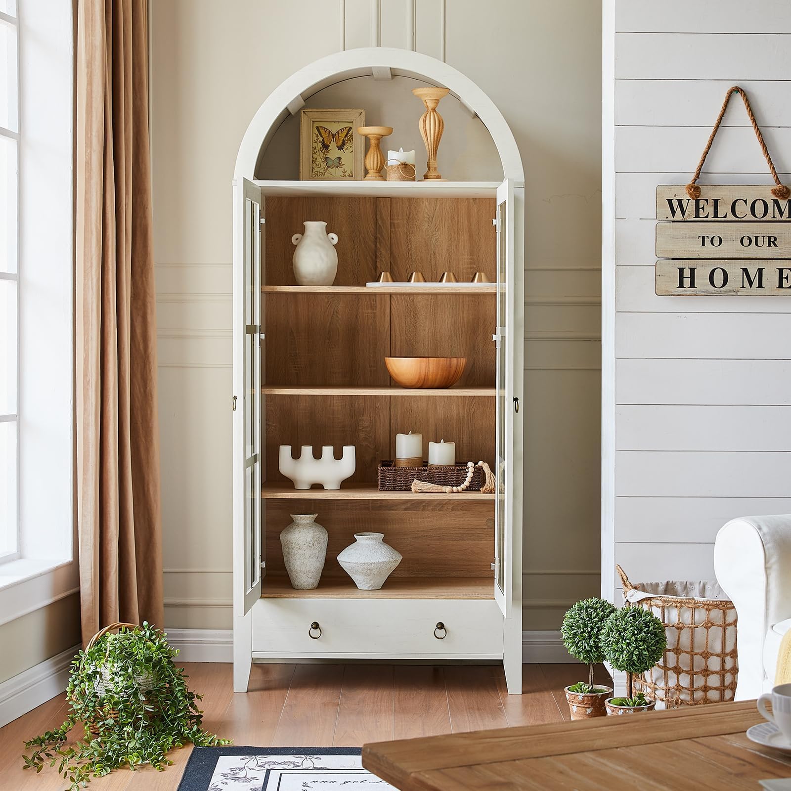 Arched Cabinet with Glass Doors and Adjustable Shelves