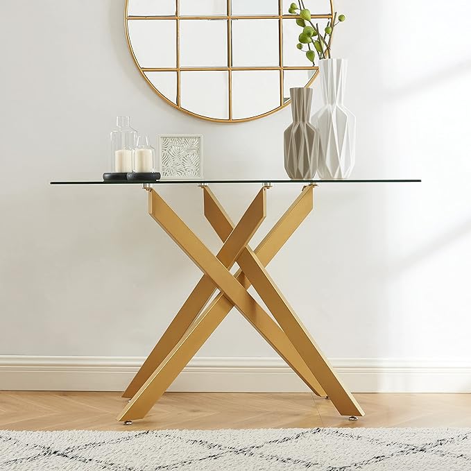 Console Table with Tempered Glass Top and Metal Legs