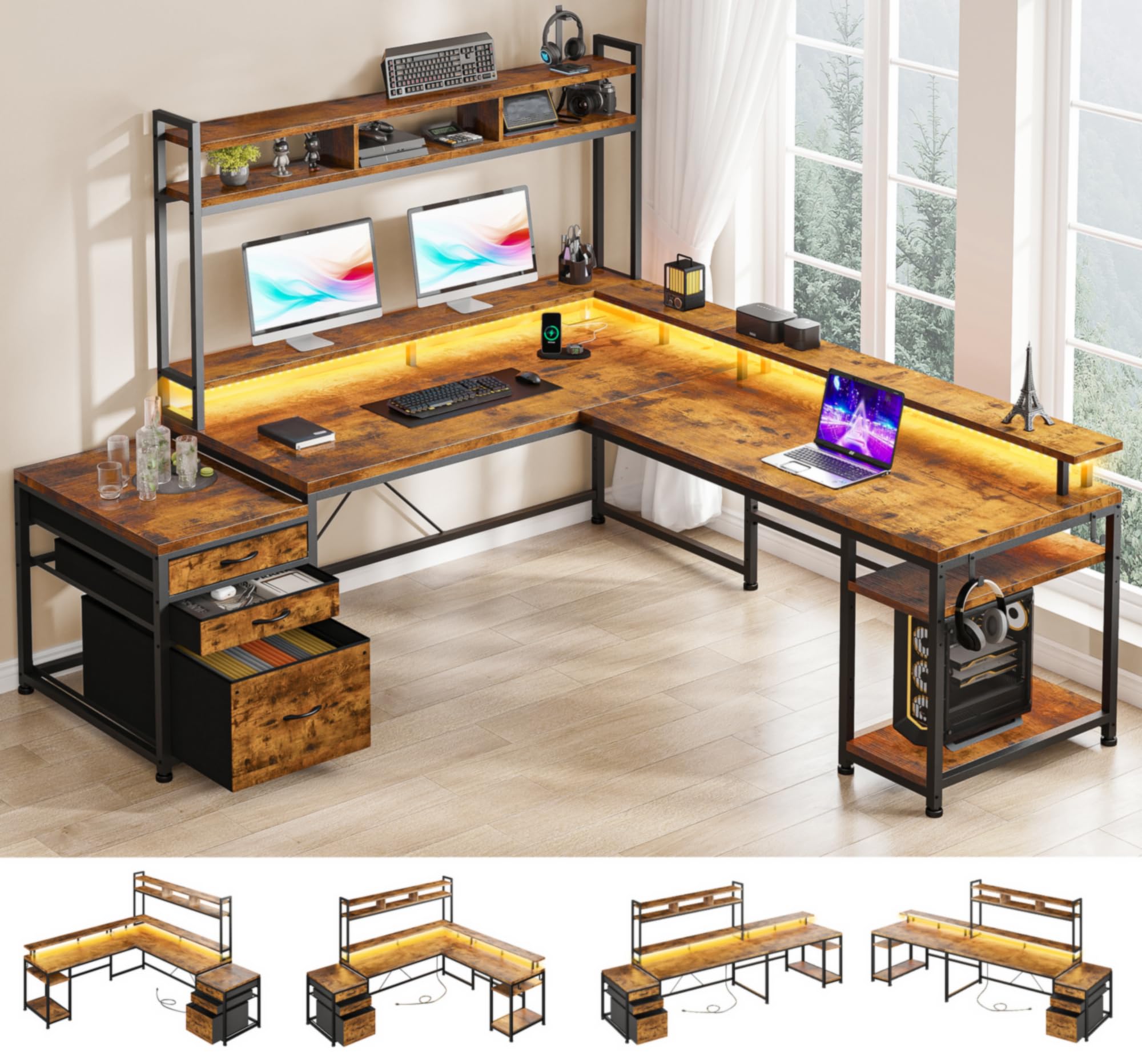 L-Shaped Gaming Desk with Hutch and LED Lights