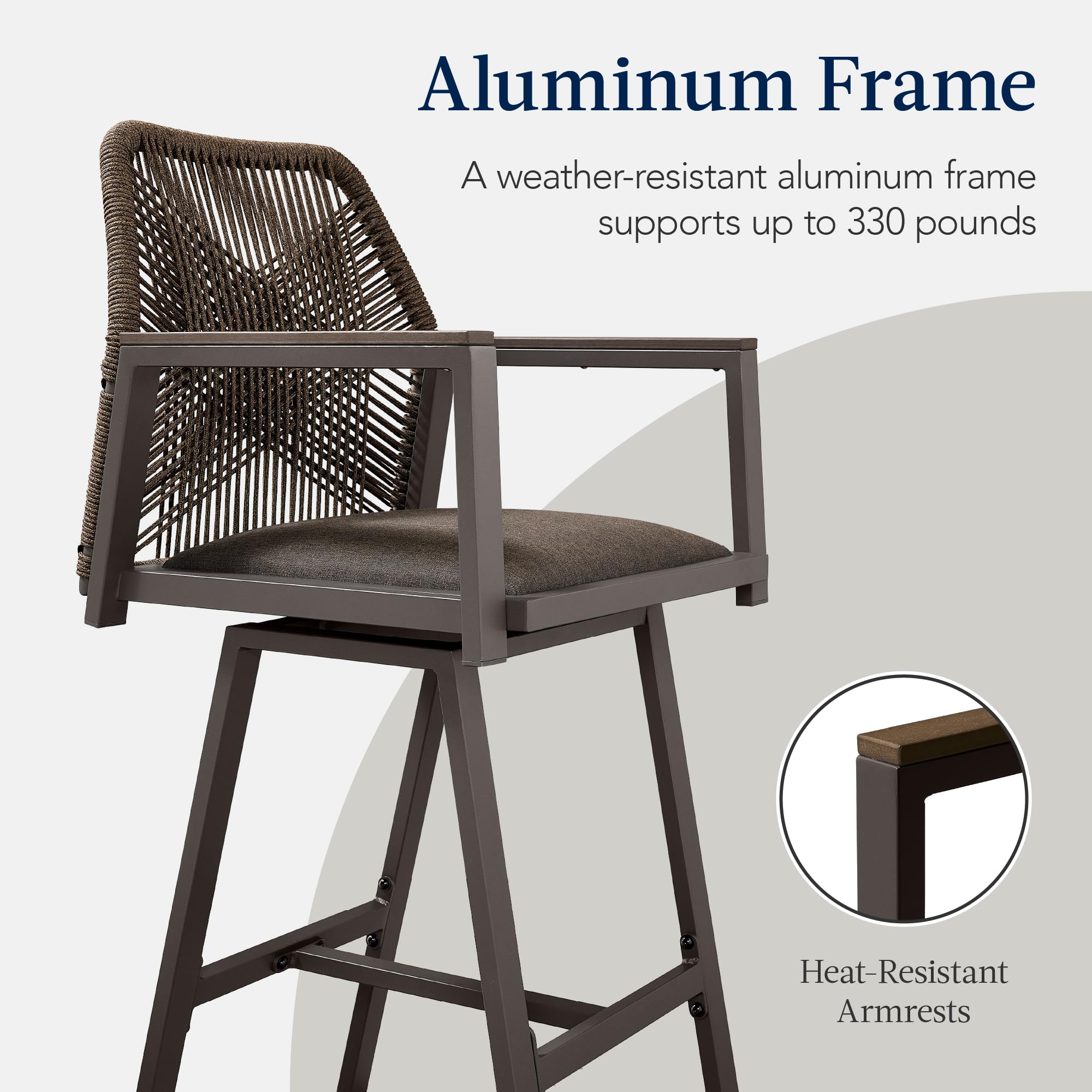 Outdoor Bar Stools Set of 2 - 360° Swivel Aluminum Frame with Armrests