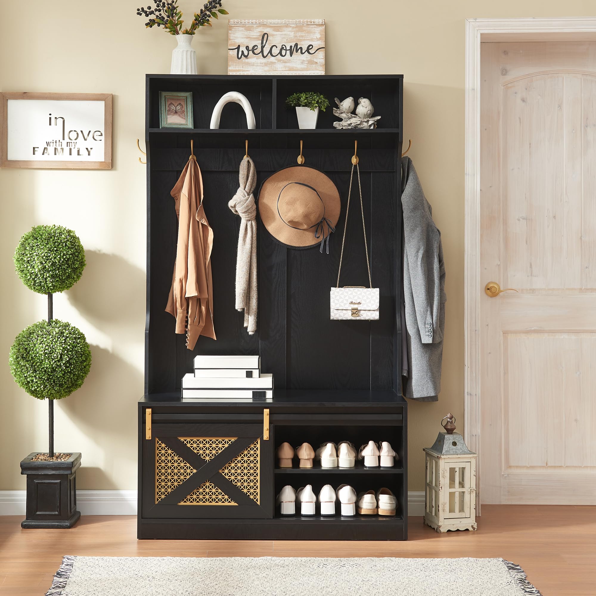 Entryway Hall Tree with Storage Bench and Coat Rack