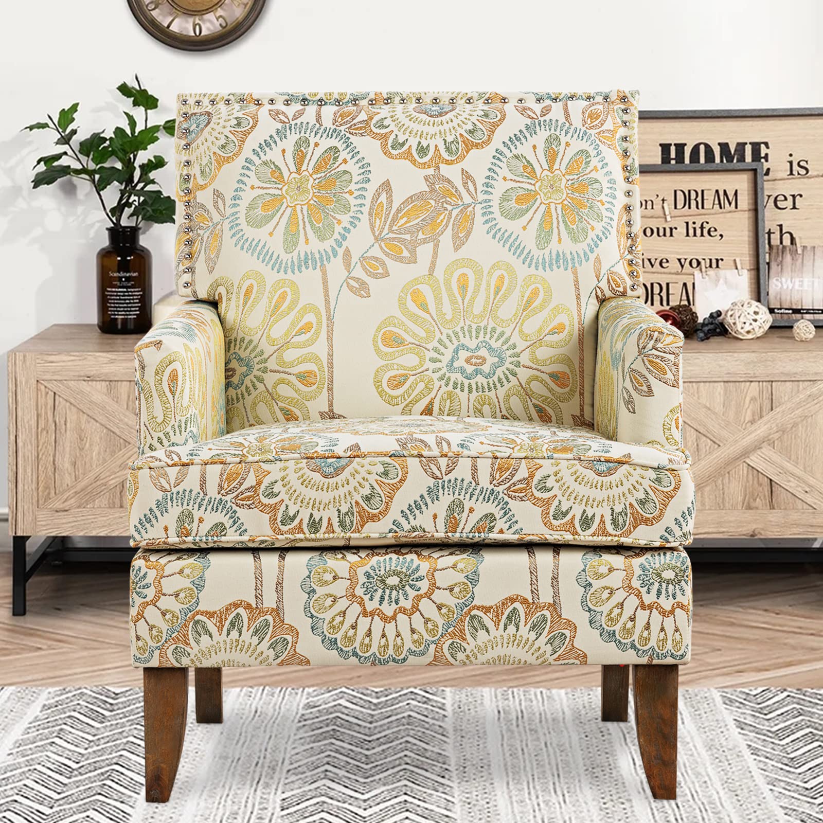 Wingback Accent Chair with Floral Fabric Upholstery