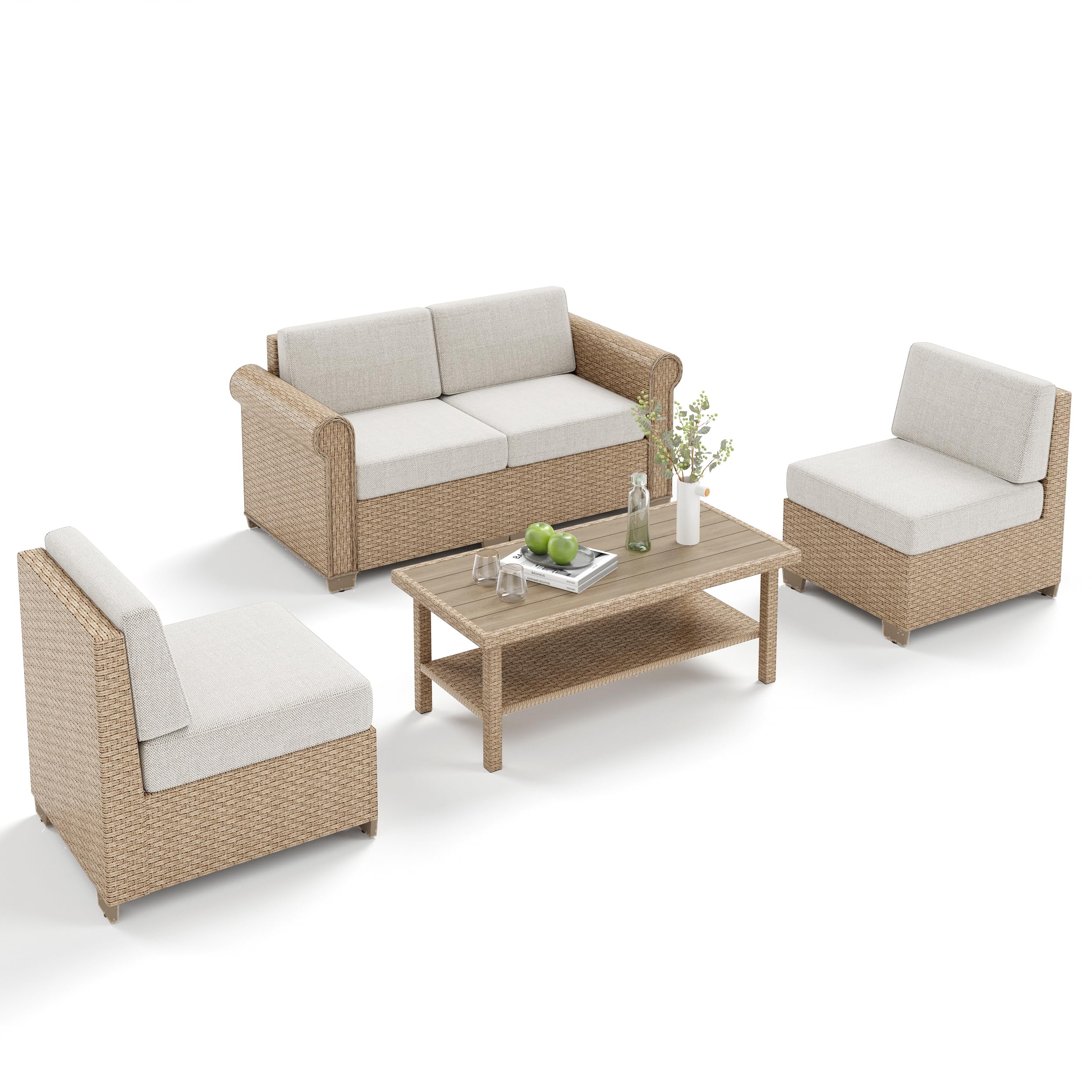 5 Piece Outdoor Rattan Wicker Sectional Sofa Set with Coffee Table