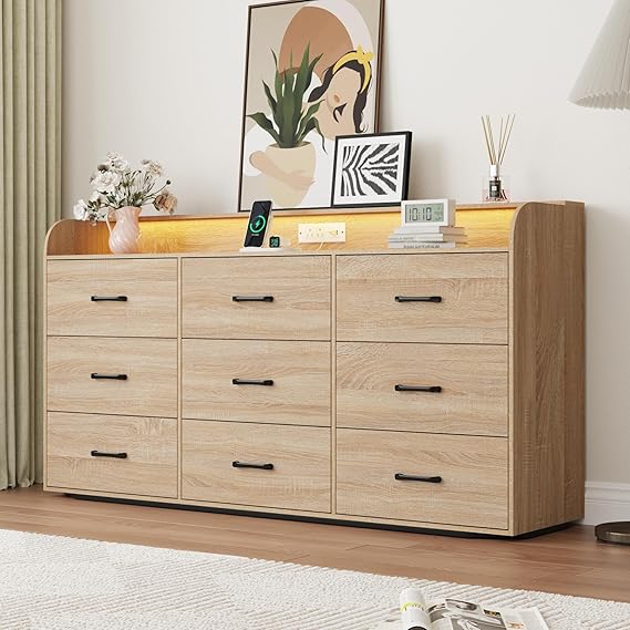 9-Drawer Dresser with Power Outlet and LED Lights