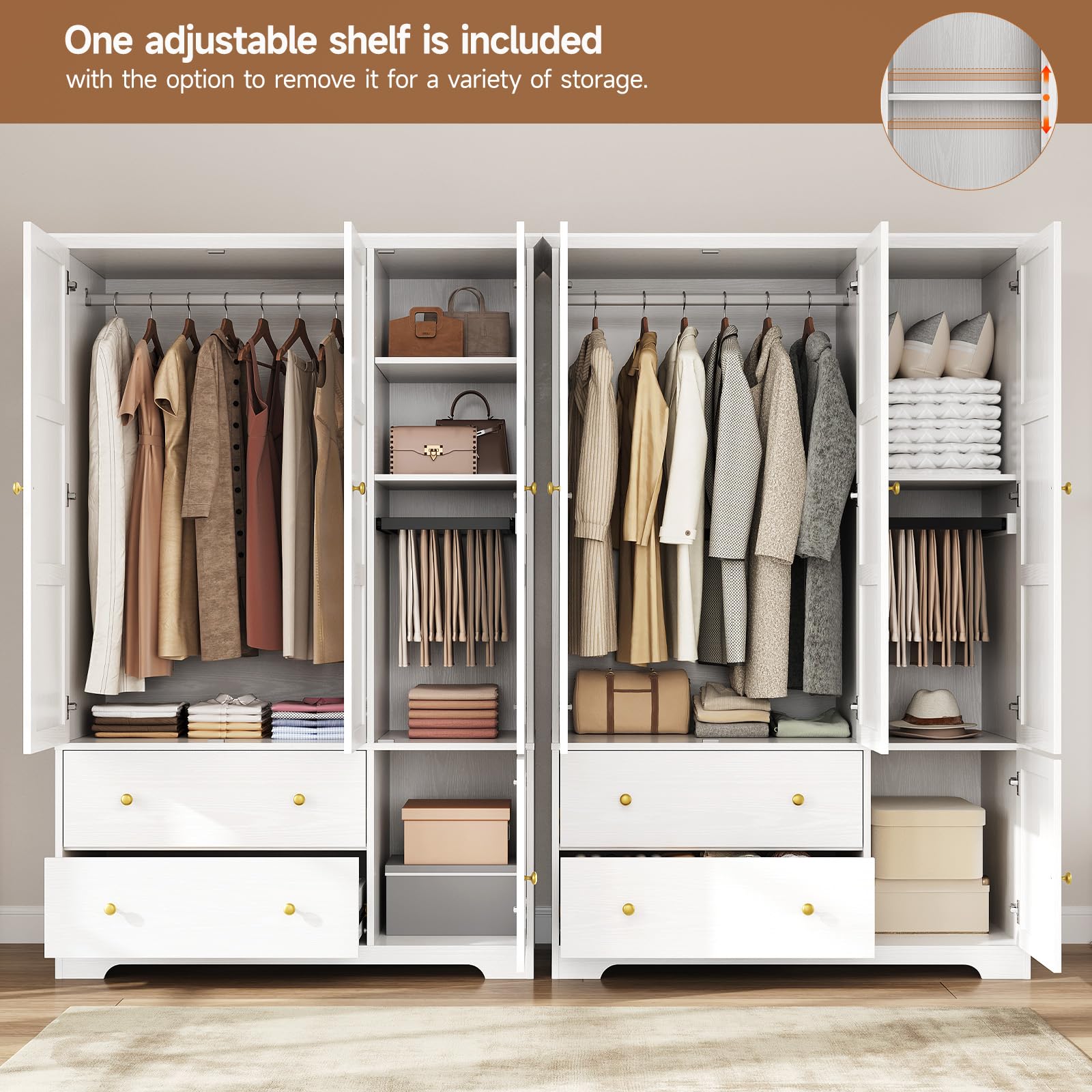 3 Doors Wooden Wardrobe Closet with Pull Out Pants Rack