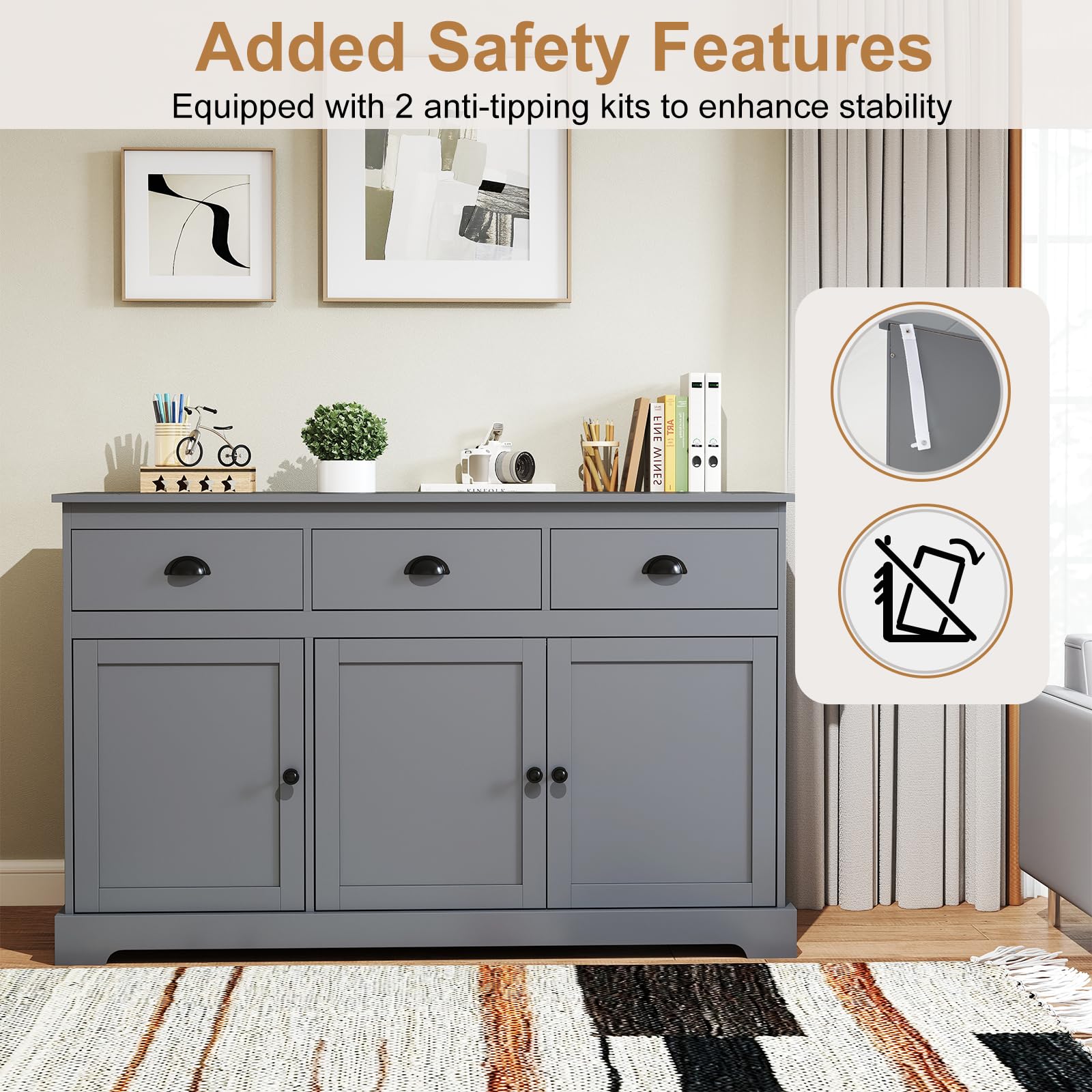 Grey Sideboard Buffet Cabinet with 3 Drawers and 2 Doors