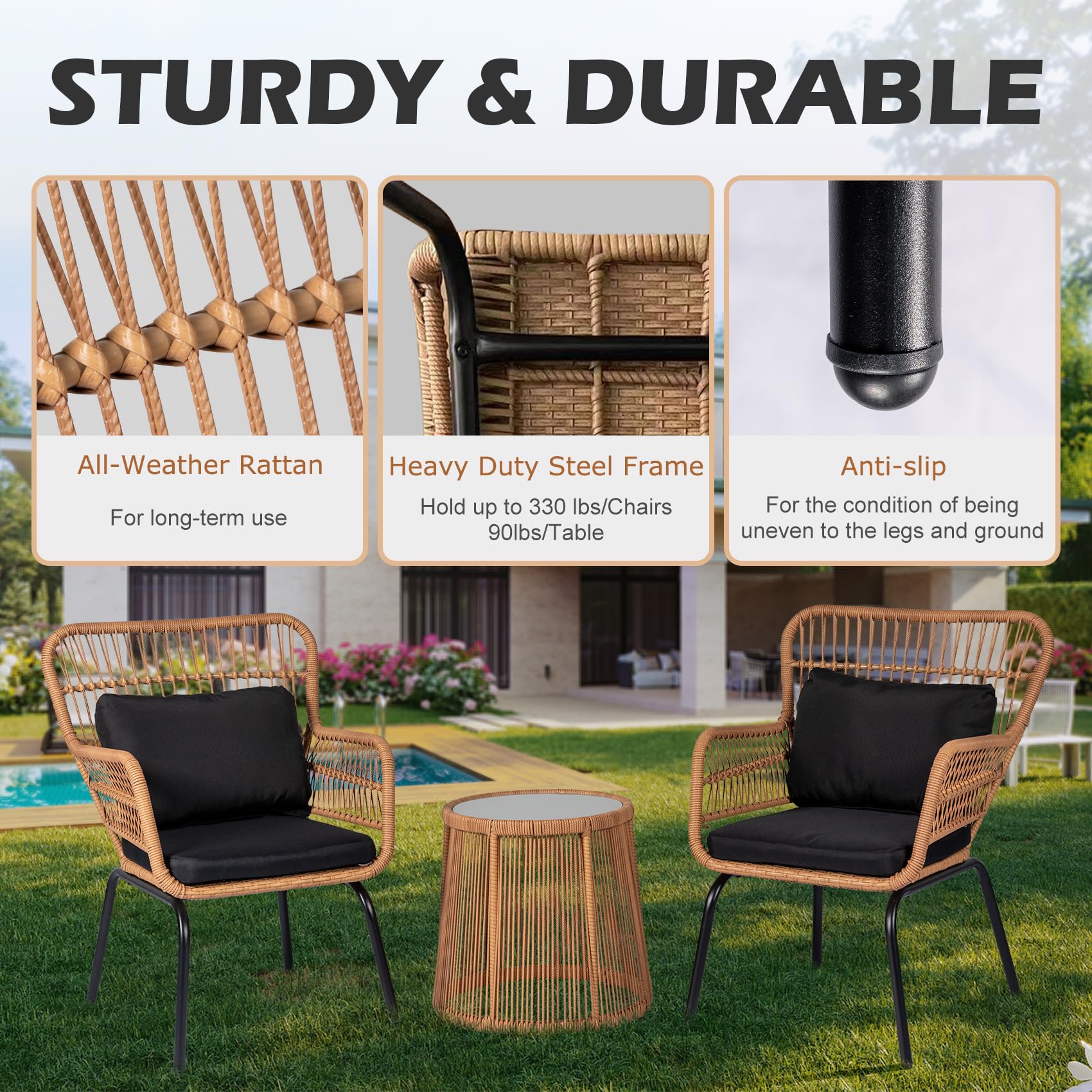 3 Piece Outdoor Wicker Bistro Set with Cushions