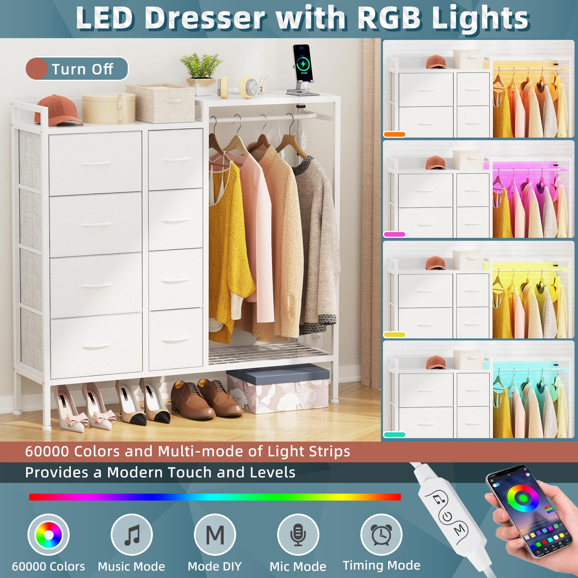 8-Drawer Dresser with Hanging Rack, Charging Station & LED Lights