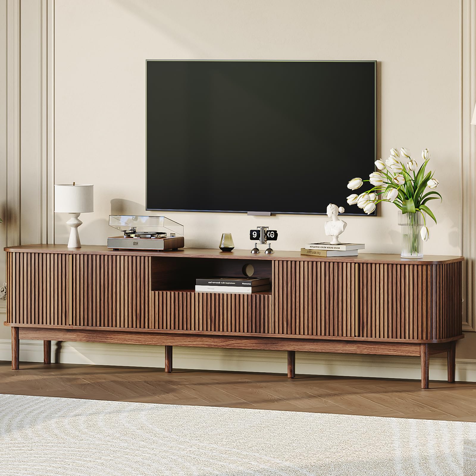 86.6" Fluted TV Stand with Storage Cabinet and Sliding Doors