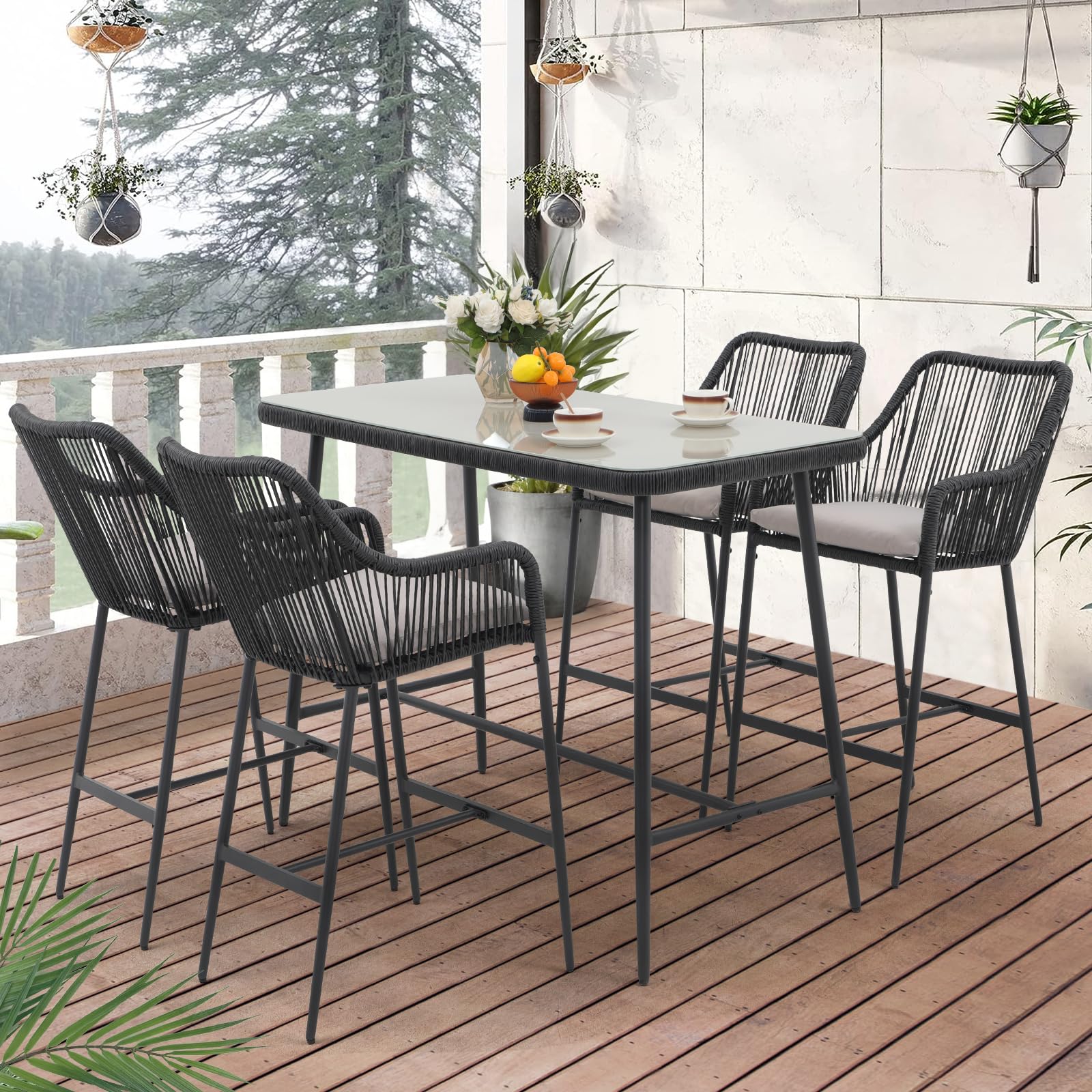 5-Piece Patio Bar Dining Set with Cushions
