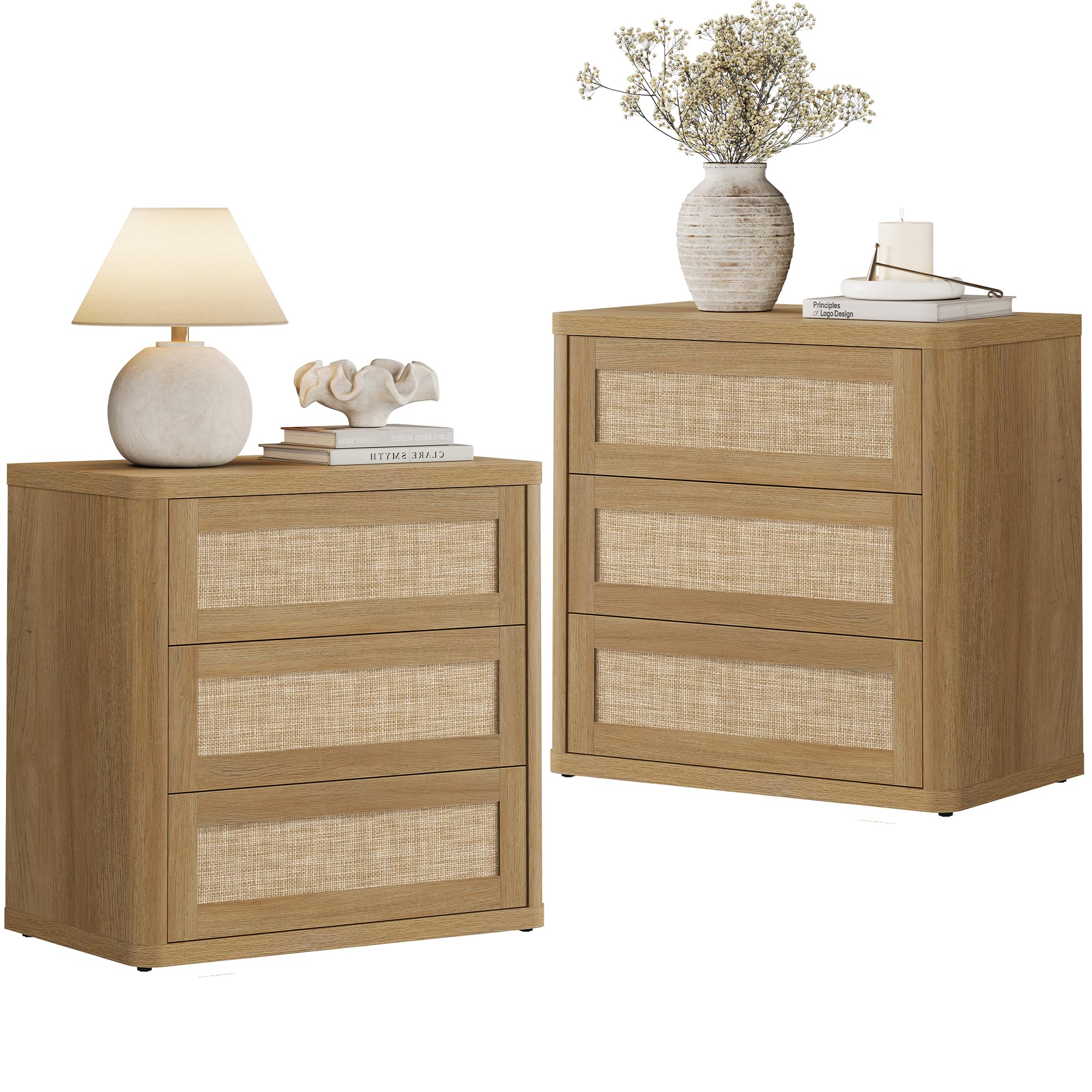 Rattan Nightstand Set of 2 with 3 Drawers